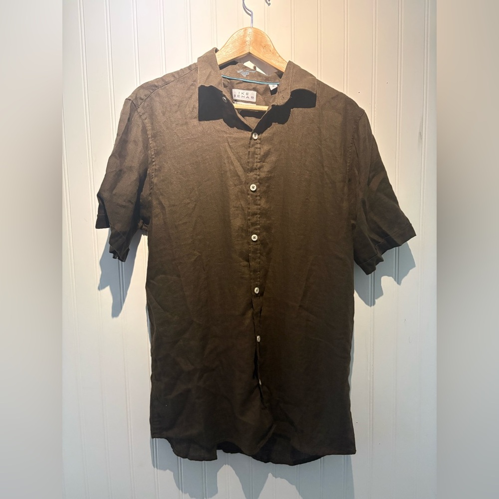 IKE BEHAR Luxe Travel Linen button down brown camp shirt. Medium
